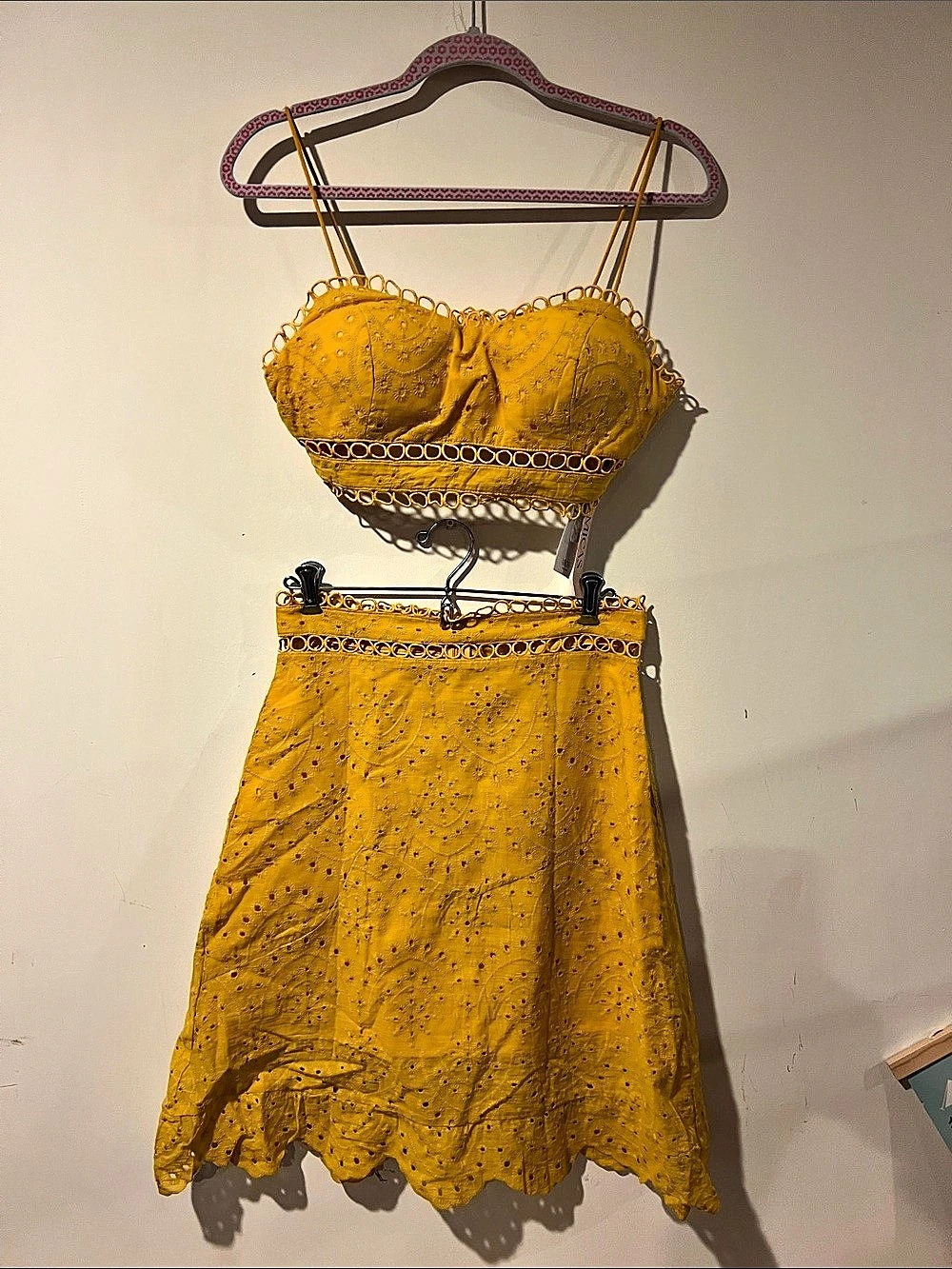 Micas Eyelet Crop Top and Skirt Set Yellow Lace Trim Skirt Set NWT